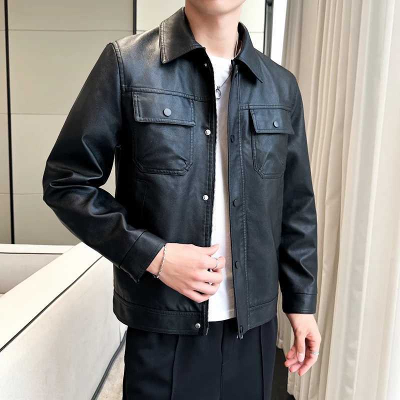 Mens Leather Clothing Spring Autumn New Solid Color Chest Mouth Design Trend High Street Lapel Coat Men Fashion Leather JacketX240913