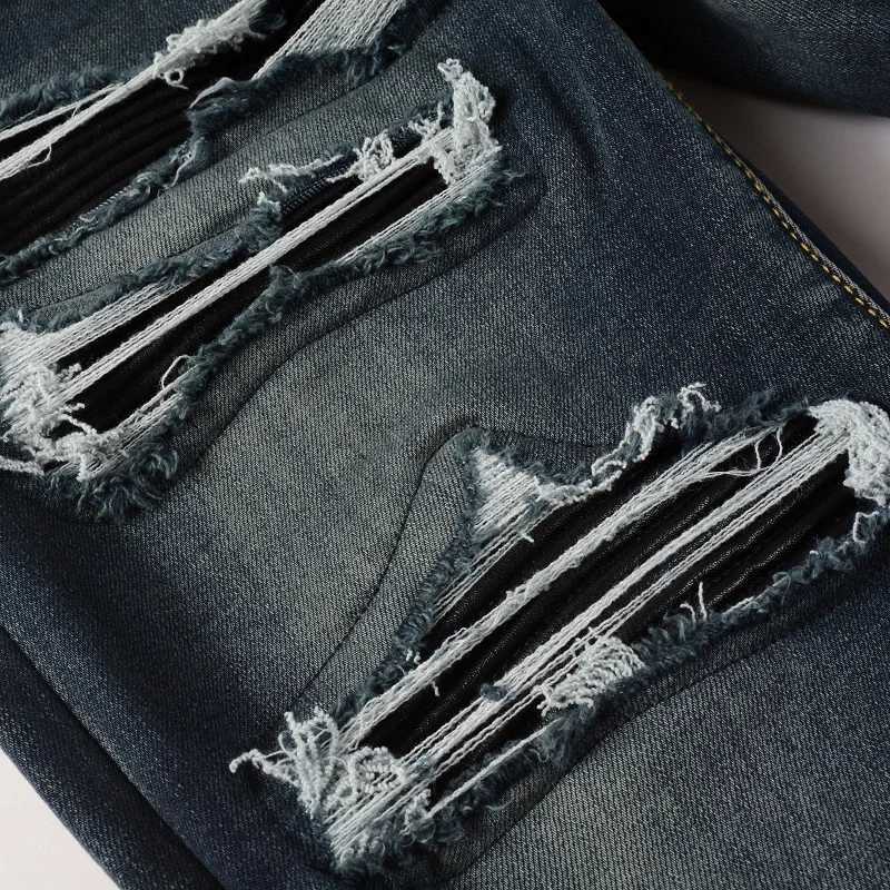 Classic Distressed Blue Holes Leather Ribs Patchwork High Quality Stretch Skinny No Brand Tags Ripped Jeans Men M240912