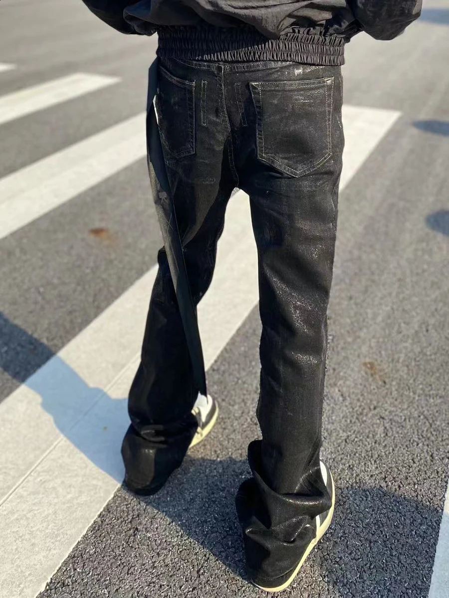 REDDACHIC Black Wax Coated Flare Jeans Men Stretchy Fitted Matte Textured Bootcut Pants Flowy Belt Vintage Y2k Hip Hop Trousers 240913