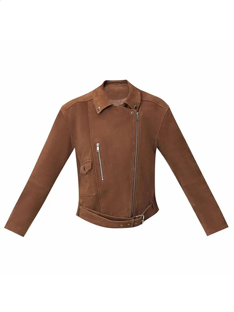 Women Fashion Lapel Diagonal Zipper Short Jacket With Belt Elegant Solid Long Sleeves Pocket Crop Coat Autumn Chic Lady Outwear 240911