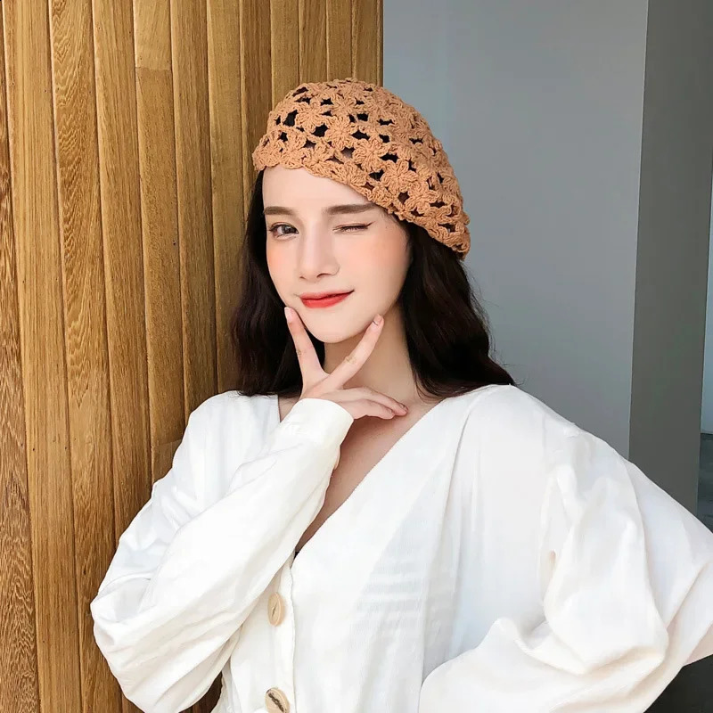 Hollow Breathable Knitted Womens Beret Spring/Summer Handmade Hook Flower n Artist Hat Fashion Mushroom Hat 240912