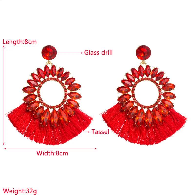 Red crystal tassel pendant earrings womens jewelry ethnic alloy blue and white rhinestone flower wholesale 240912