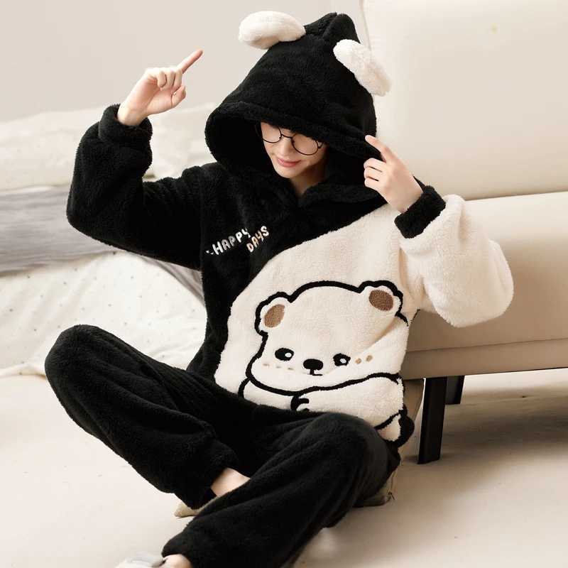 Cute Pajamas For Men Thick Plush Fleece Pajama Sets Winter Coral Velvet Warm Flannel Clothes Home Suit Male Sleepwear Y240913