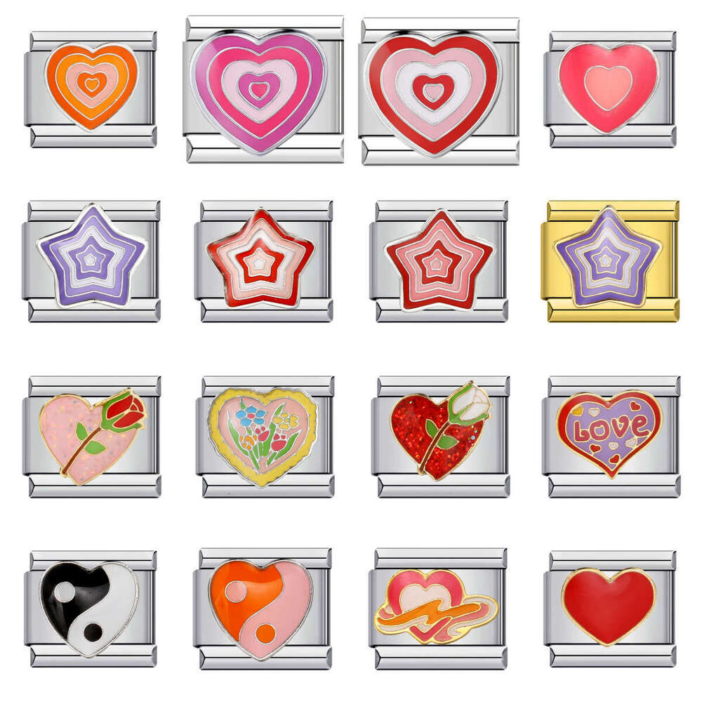 New Love Element Bead Titanium Gold Plated Enamel DIY Welding Pattern Bracelet Accessories Italian Charm Links Stainless Steel Fit 9Mm Jewelry Making 