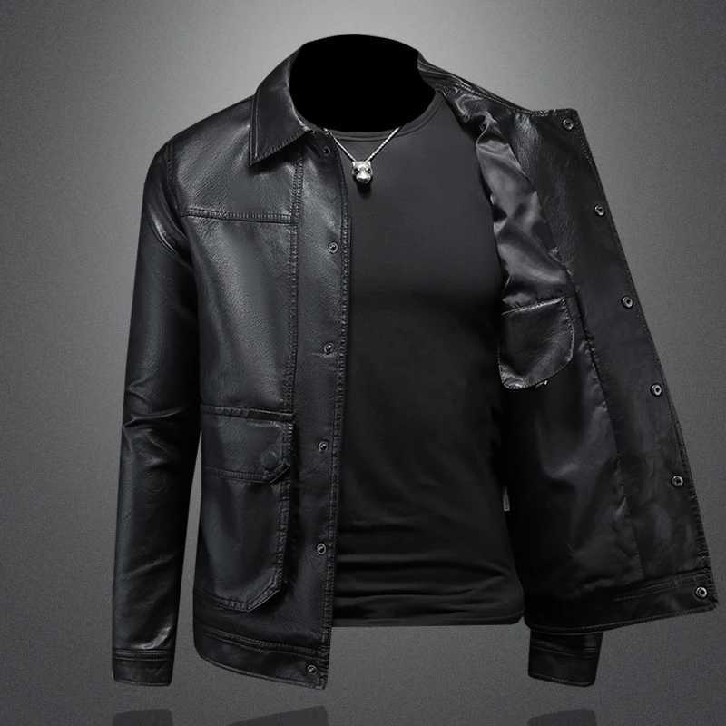 Autumn and winter mens jacket with a lapel and single breasted slim fit leather jacket motorcycle leather jacket M-4XLX240913