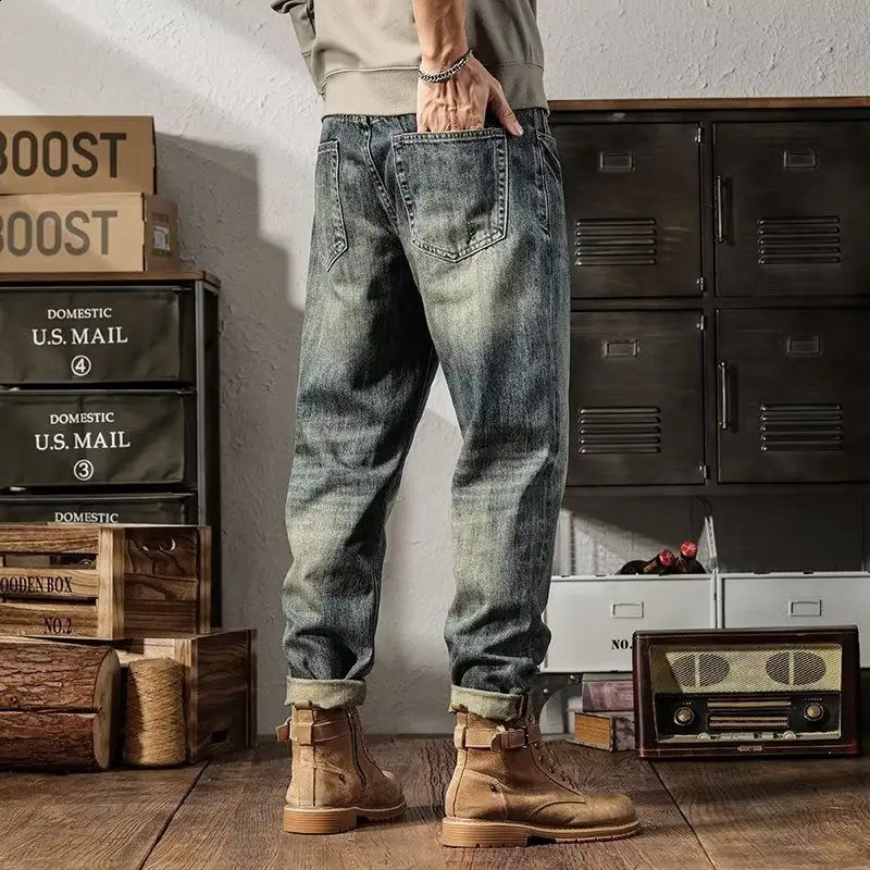 American Style Chaopai Simplicity Spring Autumn Jeans Mens Pockets Zipper Distress High Street Casual Loose Straight Pants 240911