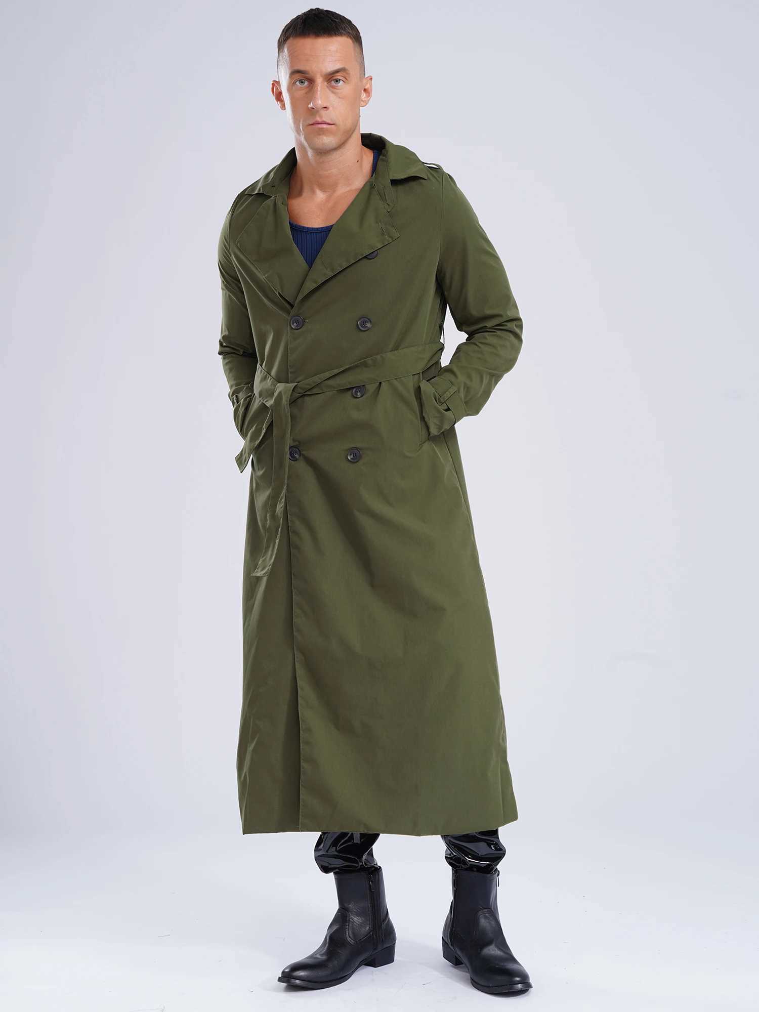 men Motorcycle long jacket double-breasted trench coat Outerwear daily casual wear Long Sleeve Jacket Overcoat with Belt Y240913