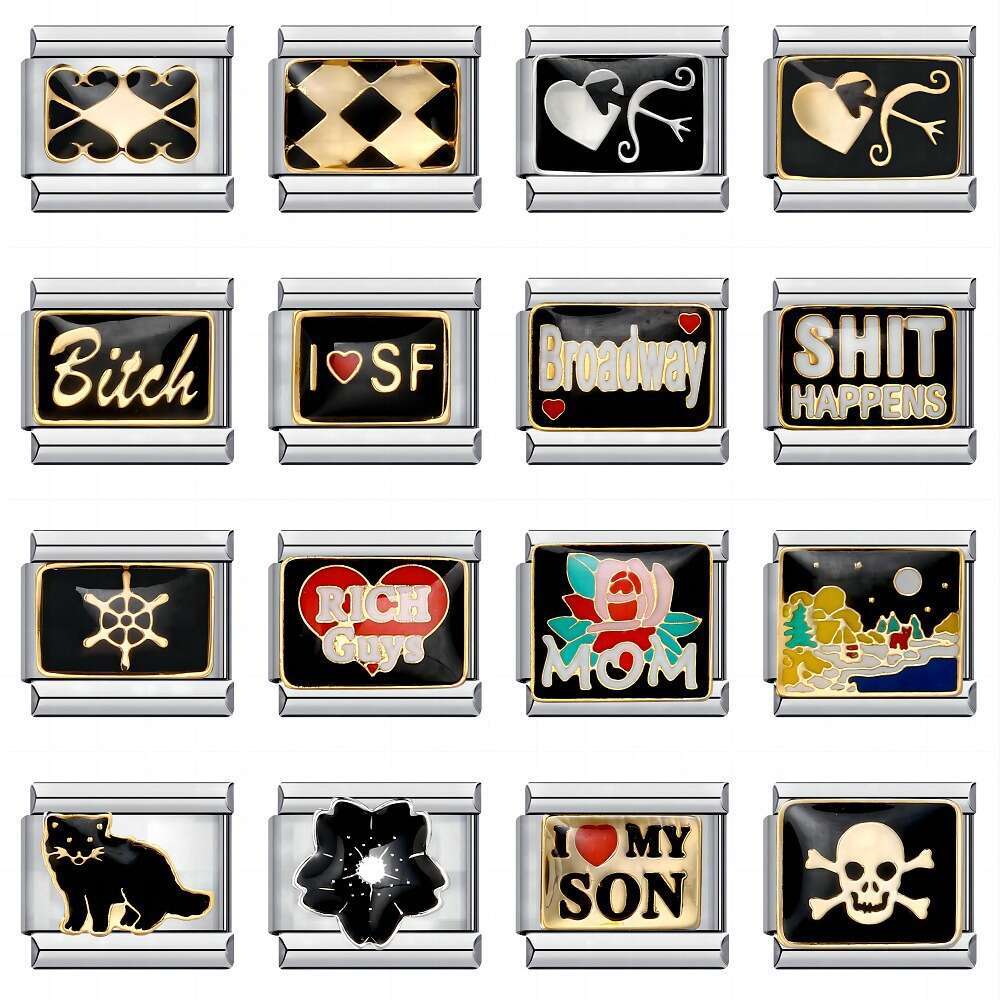 Black Gold-Plated Enamel Cartoon DIY Bead With Personalized Welding Pattern Bracelet Italian Charm Links Stainless Steel Fit 9mm Bracelet Jewelry DIY 