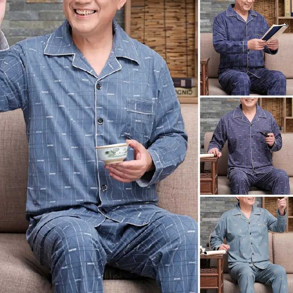 Men Pajama Set Mid-aged Fathers Spring Summer Pajamas Set with Long Sleeve Shirt Wide Leg Pants for Comfortable Homewear Y240913