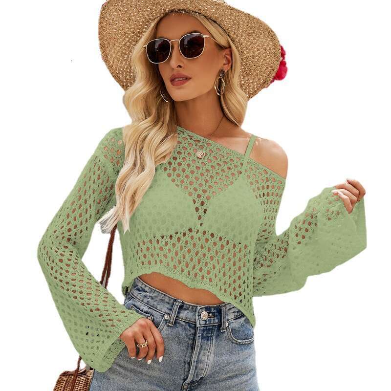 Hollow mesh knitted sweater with sexy and trendy style exposed navel top womens loose thin air-conditioned shirt