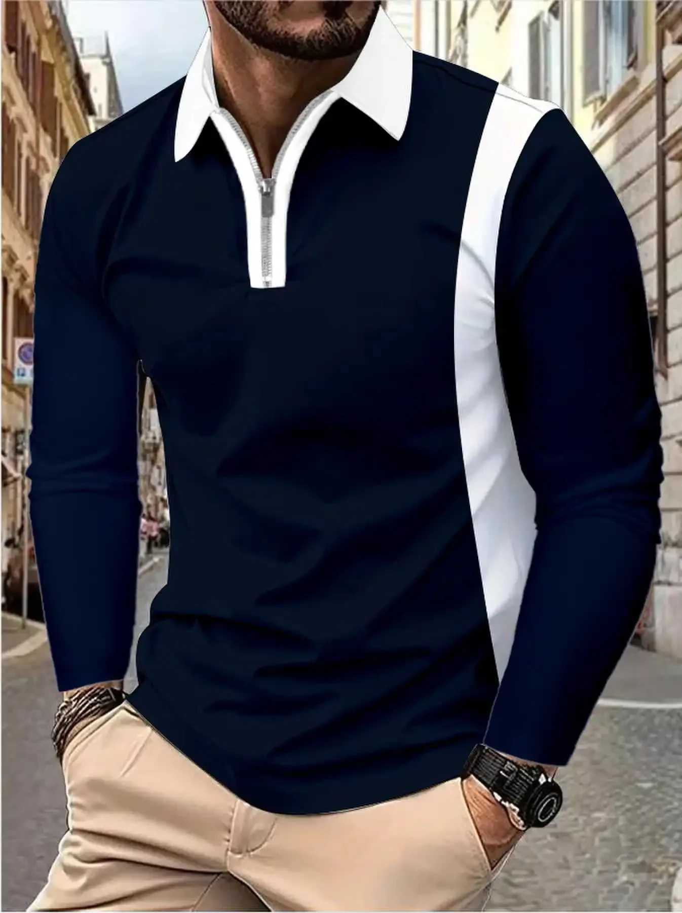 Mens long sleeved color matched with mens lapel long sleeved fashionable zipper W24091318