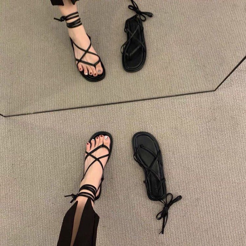 Korean Version 2024 New Summer Flat Lace-up Sandals Women's Shoes French Niche Retro Lace-up Roman Shoes Sandals