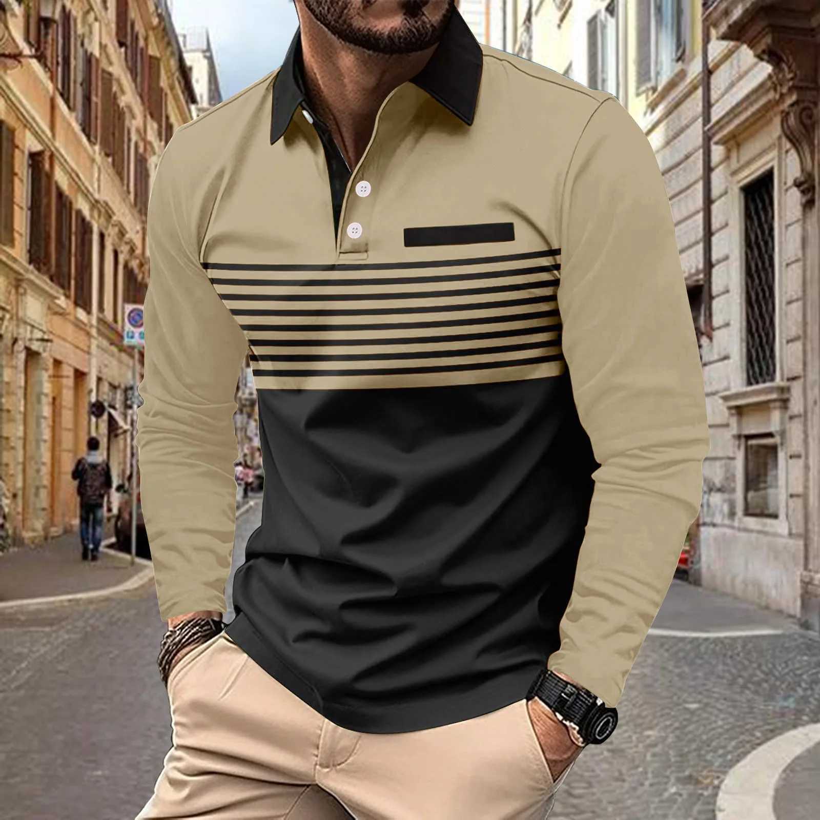 Mens new POLO shirt light casual pocket lapel spring and autumn large size loose striped print long sleeve T-shirtX240912