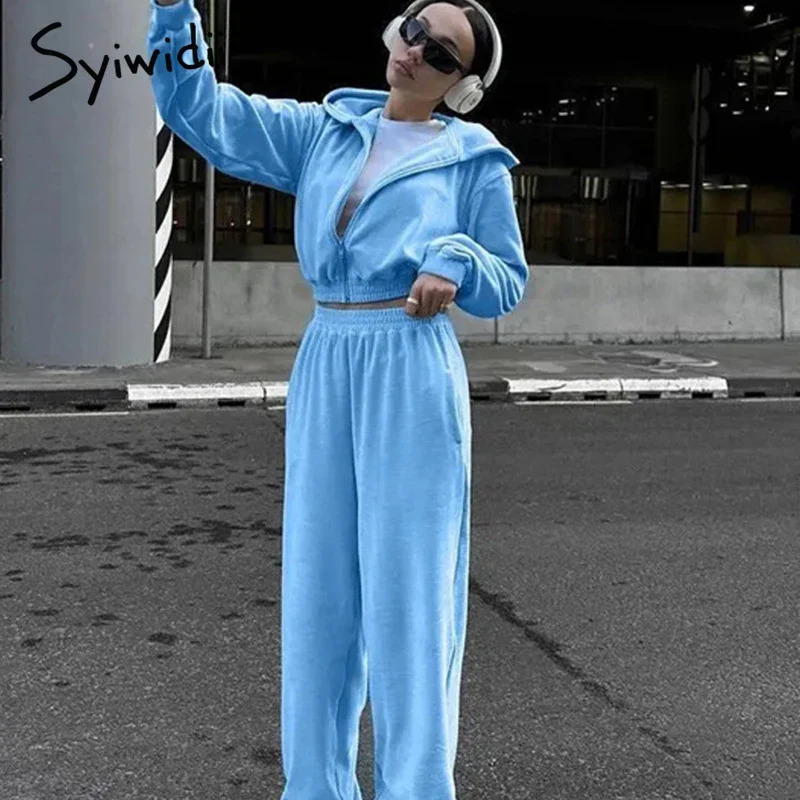 Syiwidii Casual Women Suits Chic Hooded Zipper Cropped Coat Loose Sweatpants Autumn Winter Fashion High Street 2 Pieces Sets 240910