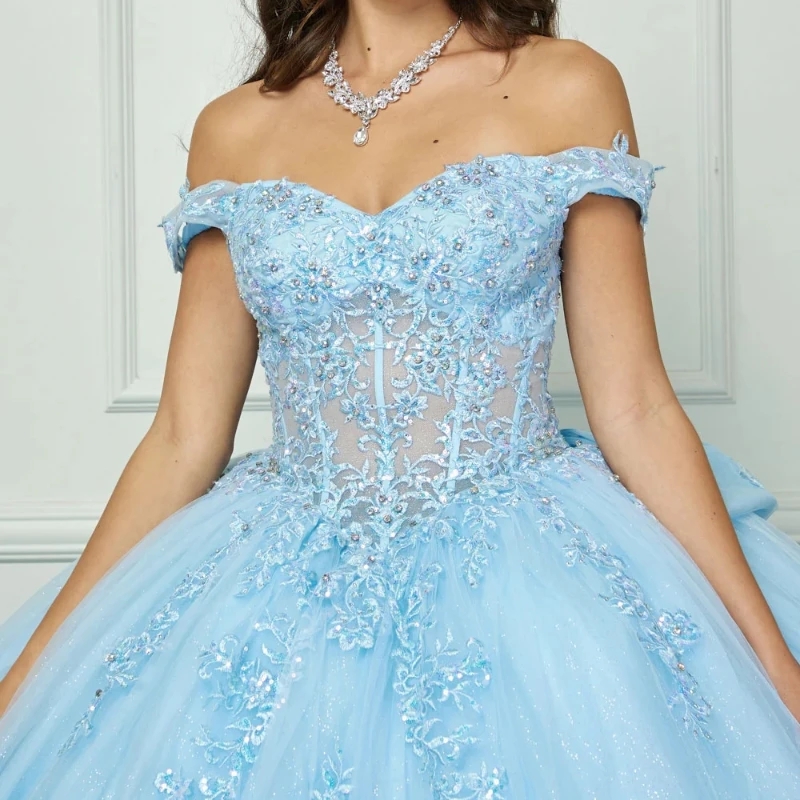 Sky Blue Quinceanera Dresses Ball Gown Off Shoulder Applique Lace Beading Crystals Bow Tull Corset Sweet 16 Dress Vestido De 15 Anos