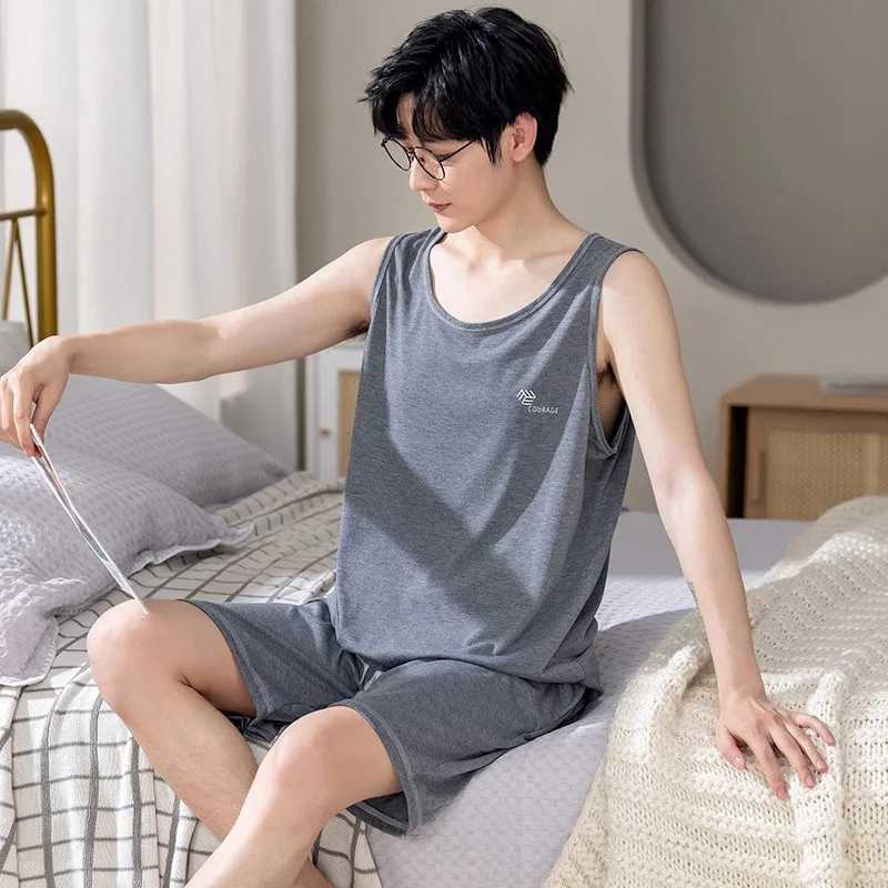 Mens Pajamas Set Summer New O-neck Shorts Knitted Cotton Pijamas Leisure Loungewear Casual Man Sleepwear Sleeveless Nightwear Y240913
