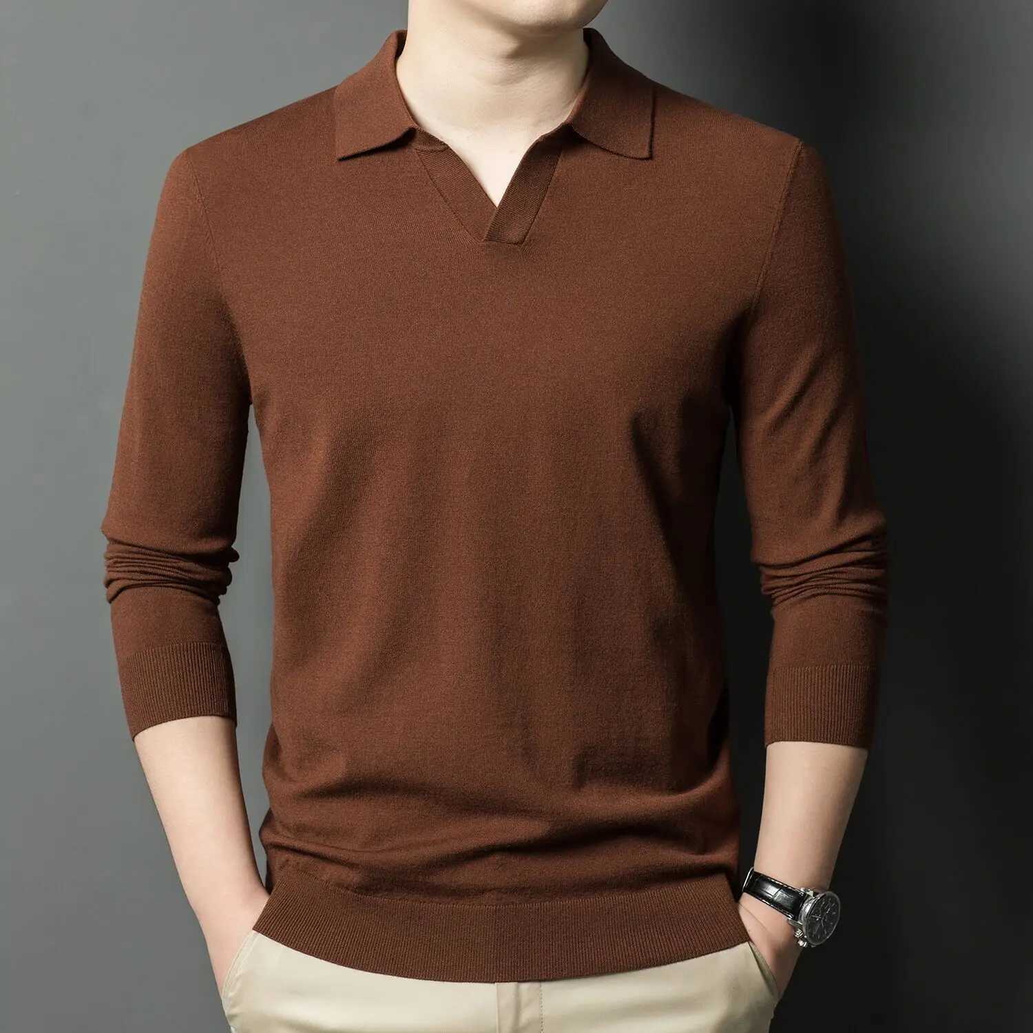 Wool and Lyocell blend polo shirt mens long sleeved warm office mens clothing autumn 2024 new polo shirt ultra-thin suitable for black gray W240913