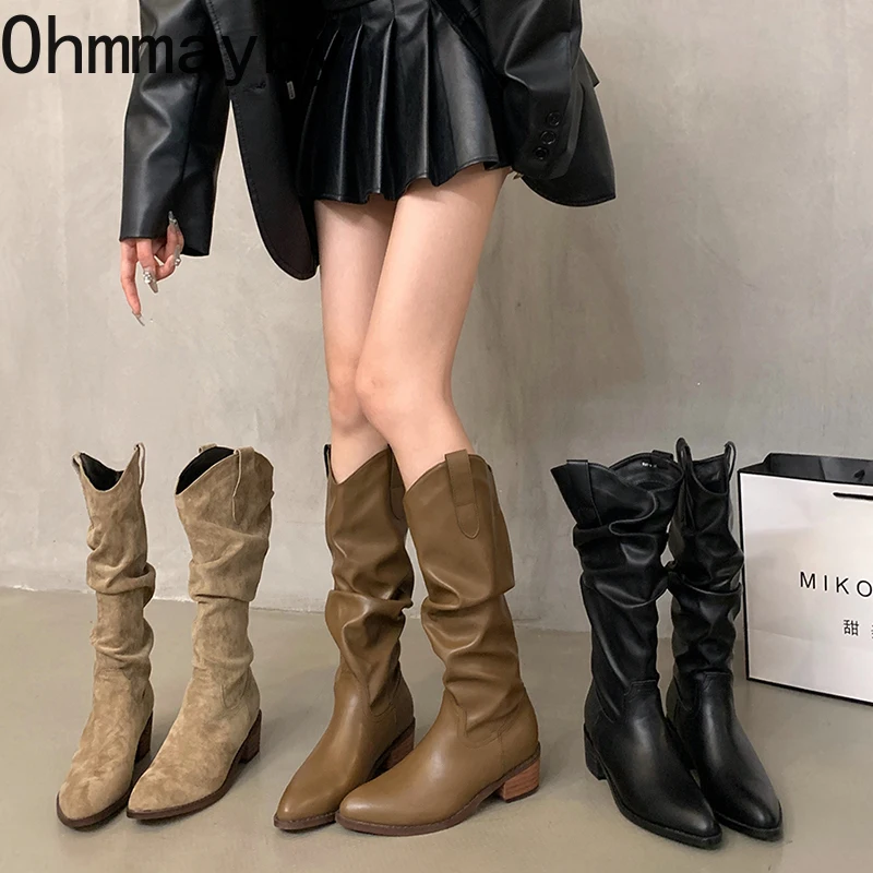 Style Retro Women Western Cowgirl Boots Fashion Slip On Shoes Autumn Winter Square Low Heel Ladies Knight Long Booties 5ff1