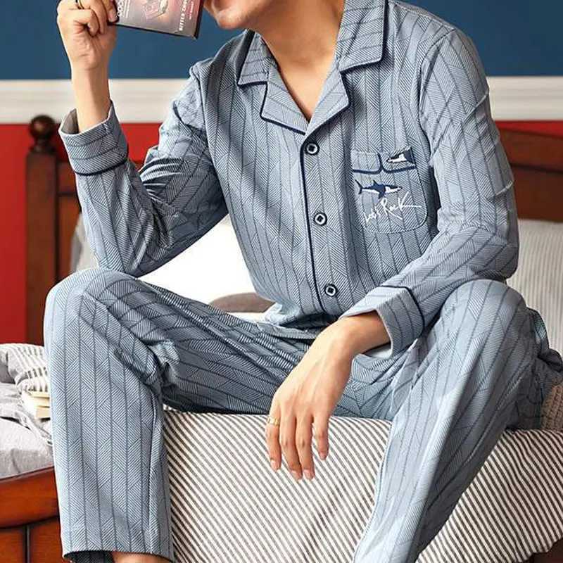Men Sleepwear Striped Cotton Pajama Sets For Men Short Sleeve Long Pants Sleepwear Pyjama Male Homewear Lounge Wear Clothes Y240913