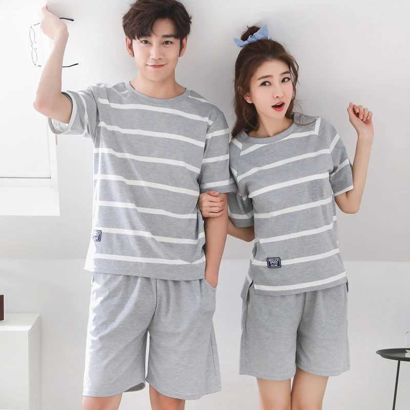Couple Nightwear Suit Summer Sweet Short Sleeve Pajamas Striped Casual Homewear Men Big Yards M-3XL Cotton Pijamas Mujer Y240913