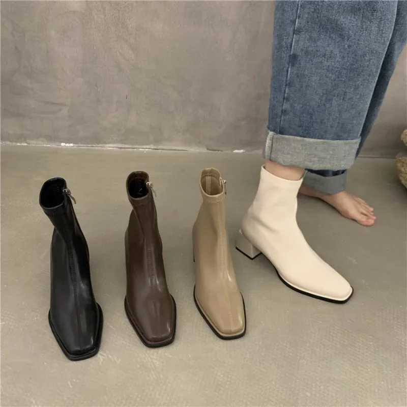 Square Toe Women Ankle Boots Flock Stretch Shoes Thin Mid Heels Black/Brown/Beige Back Zipper Dress Sock Boots Woman Size 35-40 M240912