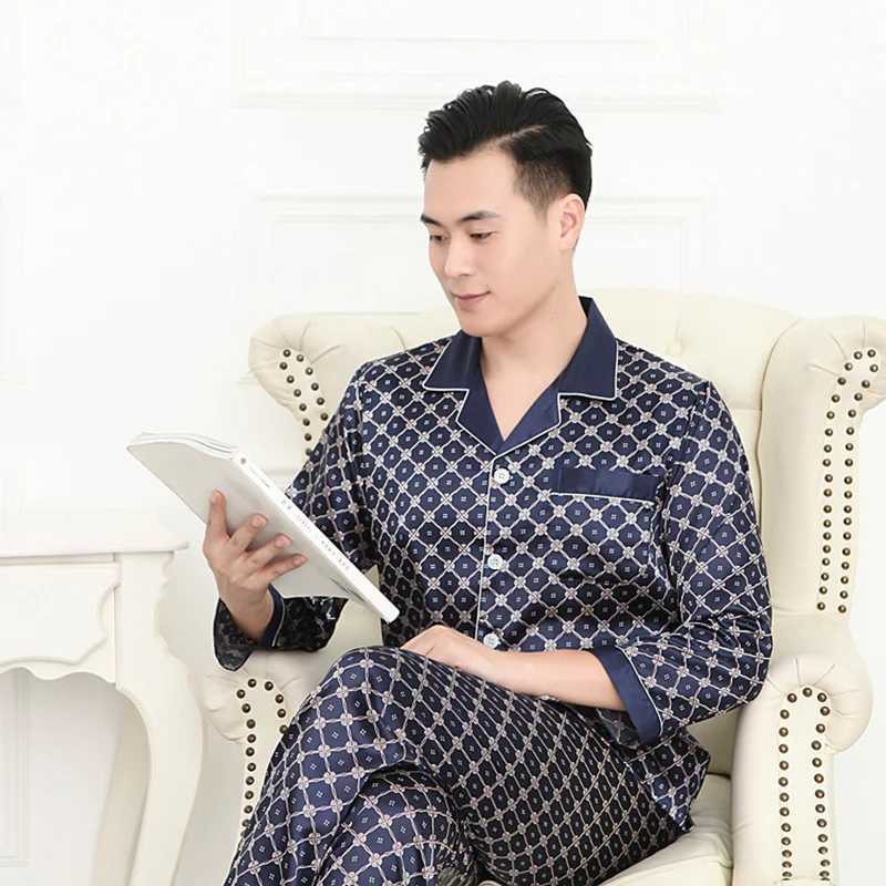 Spring And Autumn Mens Pajamas Sets Silk Long-sleeved Sleepwear Ice Silk Plus Size Home Clothing Pyjamas Suit Home Wear Y240913