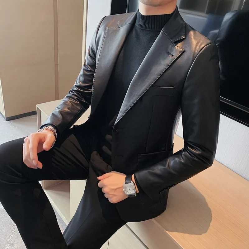 Brand Clothing Men Spring Blazers High Quality Casual Leather Jacket/Male Slim Fit Fashion Leather Suit Coat Plus Size S-3XLX240913