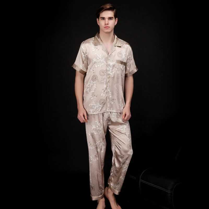 SSH021 Autumn Summer Loungewear Short Sleeves Long Pants Pajama Set Men Printed Satin Silk Pyjamas Male Pajamas Pijama Sleepwear Y240913