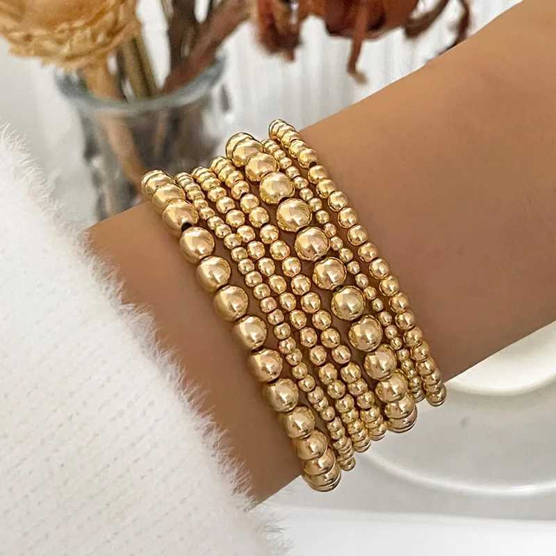Fashion Jewelry 18K Gold Plated Waterproof Metal Ball High Quality Smooth Diameter 3/4/6/8mm Elastic Stainless Steel Bracelet W240913