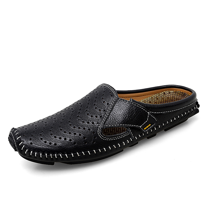 New Genuine Leather Men's Slippers Summer Breathable Casual Mules Light Half Shoes For Men Outdoor Anti-slip Driving Loafers Man
