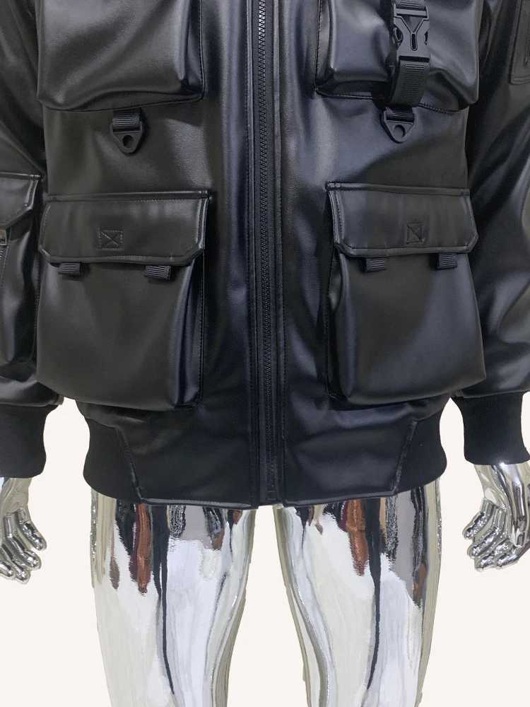 Nerazzurri Autumn Cool Handsome Waterproof Black Pu Leather Cargo Bommer Techwear Jacket Men with Many Pockets European ClothesX240913