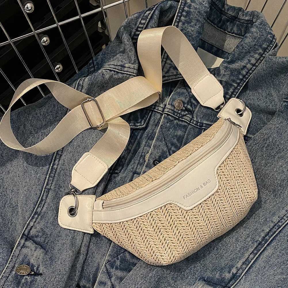 Womens Waist Pack Leather Straw Woven Chest Bag Travel Casual Shoulder Crossbody Bags For Women Summer Fanny Pack Purse Z240912