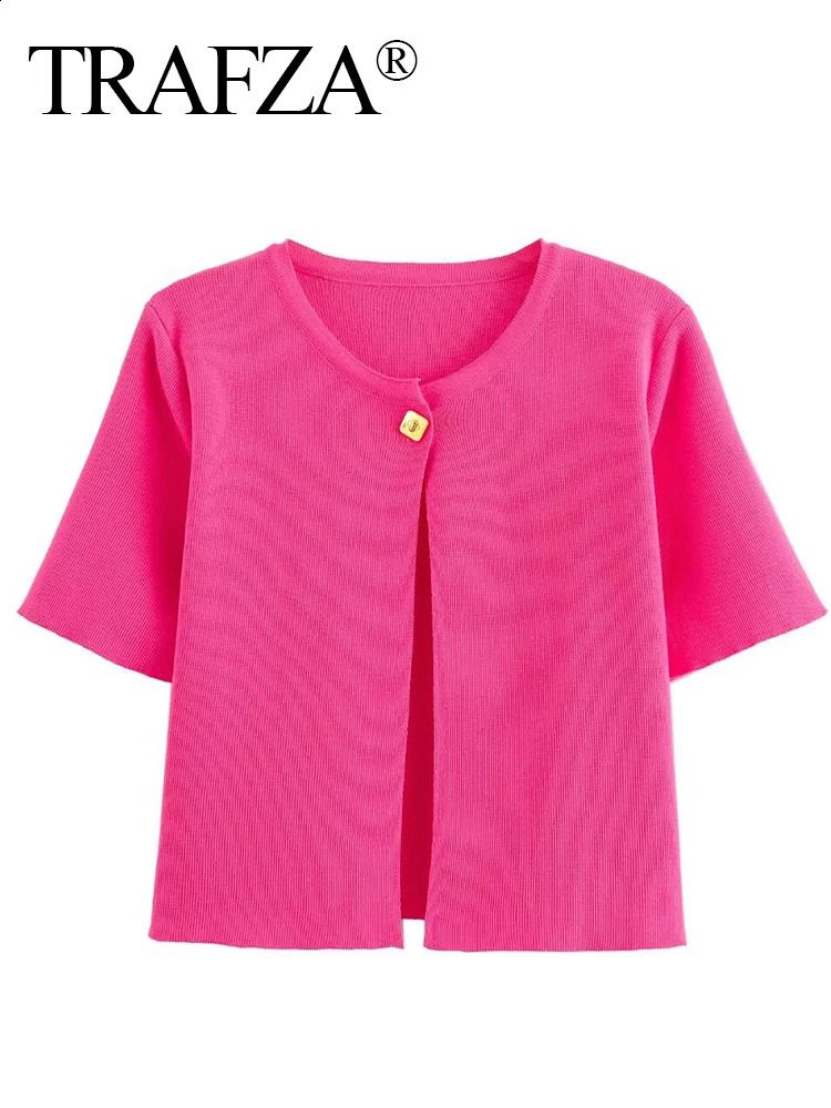 TRAFZA 2024 Women Thin Knitted Short Top Casual Solid ONeck Sleeves Single Button Sweater Cardigan Jacket Outwear 240910