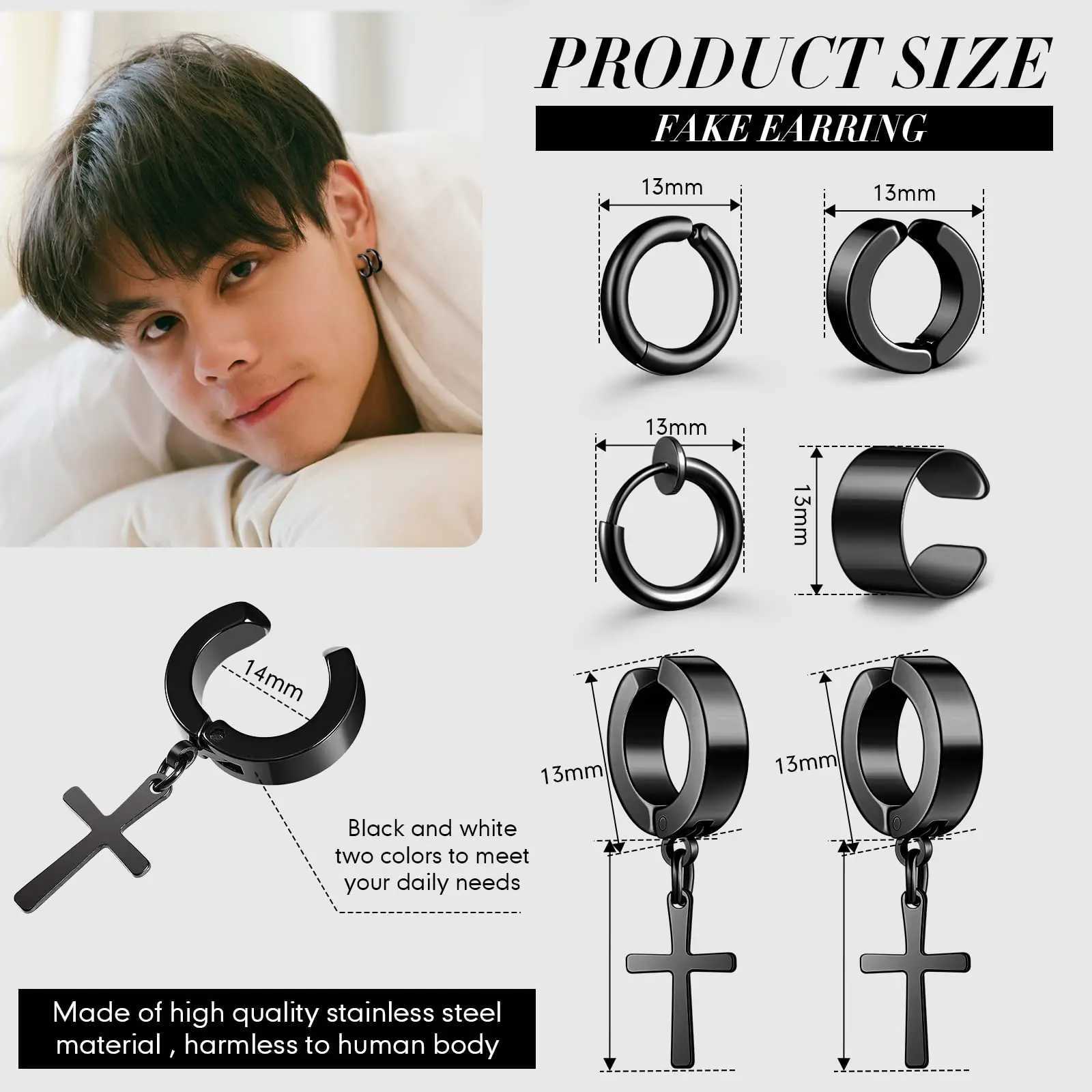 1 Pairs Ear Clip Earrings Set For Men Women Stainless Steel Non-Piercing Cross Dangle Hoop Unisex Clip On EarringsX240913