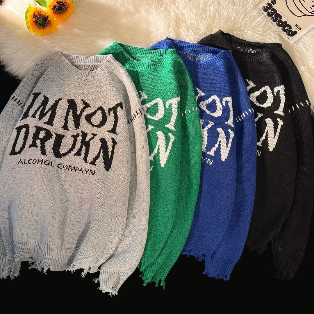 Halloween Men Sweaters Shabby style Autumn and Winter Thick Sweater Mens Korean Edition Trendy Knitted Sweater Winter Hong Kong Style Lazy Mens crew n