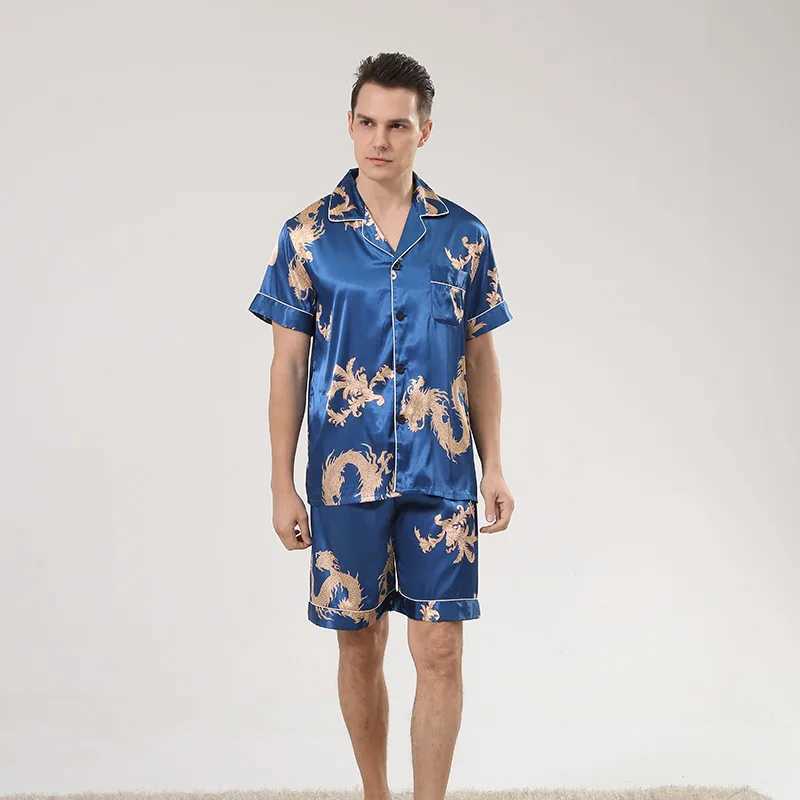 Summer Men Blue Dragon Print Pajama Sets Satin Turn-down Collar Sleepwear Short Sleeve Nightwear Homewear Loungewear Y240913