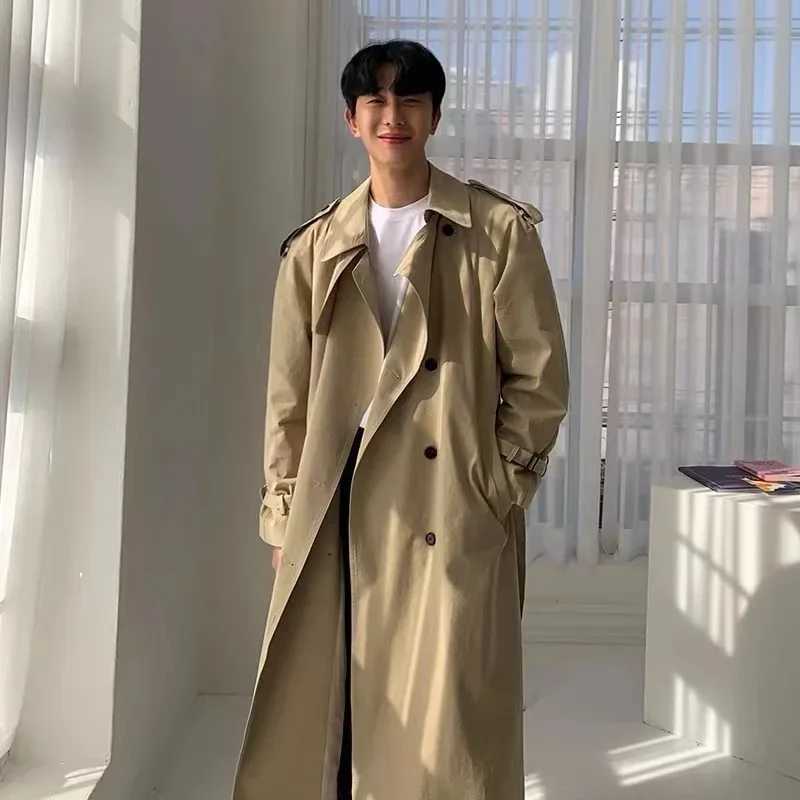 Khaki Black Trench Coat Men Fashion Autumn Oversized Long Coat Men Korean Loose Windbreaker Jacket Mens Overcoat Y240913