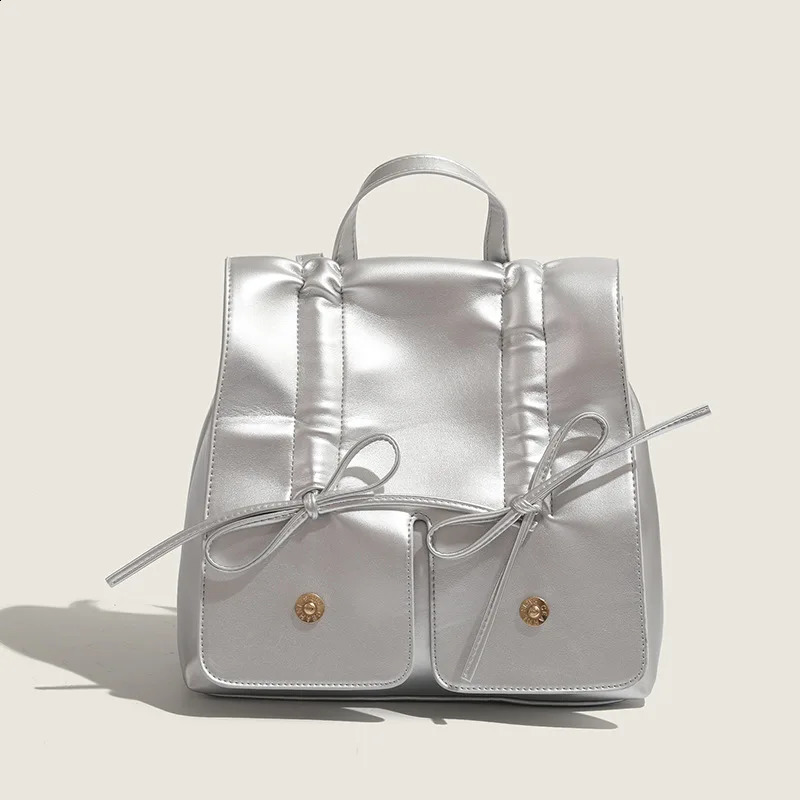 Trendy Fashion Womens Backpack Silver Bow Korean Handheld Bag Casual Texture Niche Multi functional Outdoor Travel Bag 240912