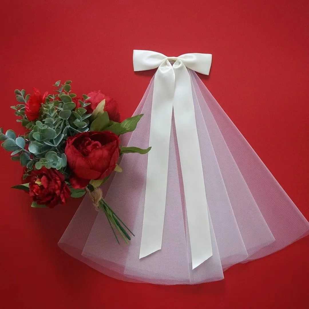 White Veil For Bride Wedding Hair Accessories Bow Pearl Short Bachelorette Party Headpieces Lace Mesh Veil With Hair ClipX240913
