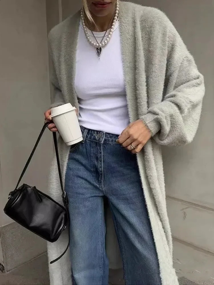 Oversize Long Cardigan for Women Autumn Sleeve Womens Sweater Vintage Solid Loose Knitted Female Fluffy 240904