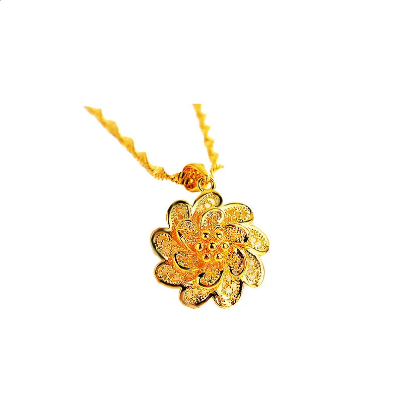 AU999 gold necklace womens flower pendant sweater chain 24K pure Japanese and Korean girlfriend fashion jewelry 240912