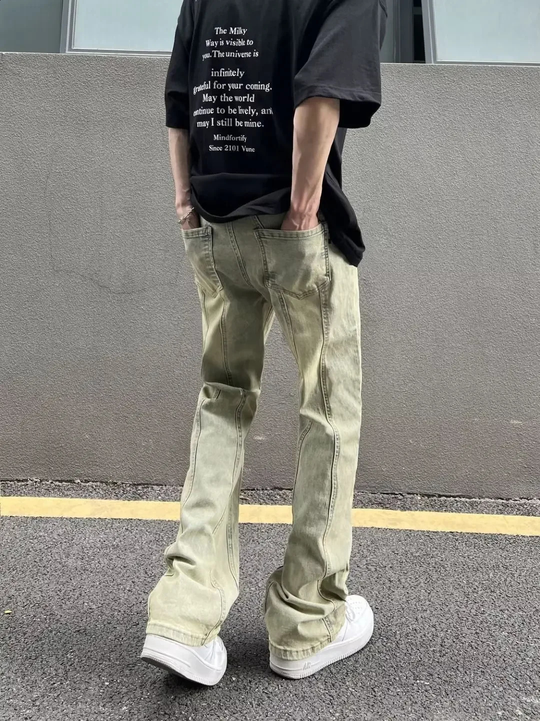 American Style High Street Trendy Jeans Men Slimming Straight Leg Dirty Blonde Wash Hip Hop Slim Fit Stack Denim Pants 240912