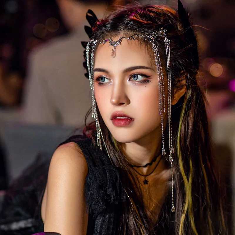 Rhinestone Fringed Forehead Chain Shiny Crystal Fairy Halloween Headdress Bridal Romantic Wedding Hair Accessories Jewelry GiftsX240913