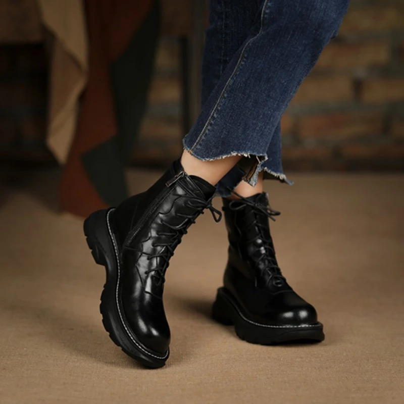 Round Winter Toe Chunky Heel Genuine Leather for Warm Wool Snow Boots Zipper Platform Shoes Women 860b Platm
