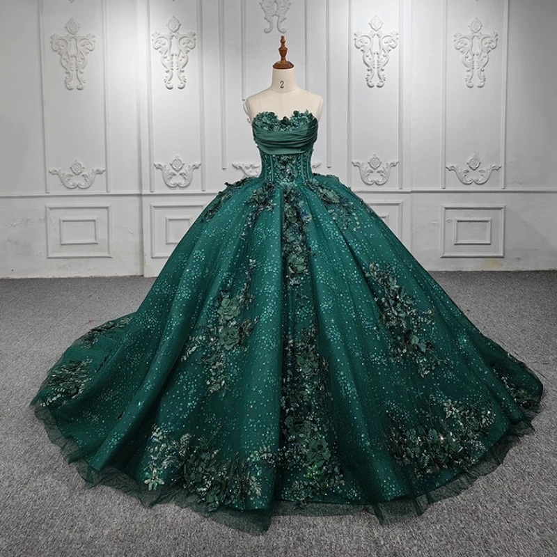 Blackish Green Shiny Off The Shoulder Ball Gown Quinceanera Dresses Birthday Party Applique Flower Beads Tull Sweet 16 Dress Vestidos 15 De Anos