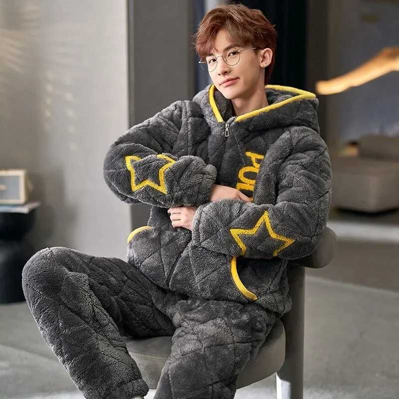 Pajamas Men Homewear Suit Winter Coral Fleece Home Sleep Clothes Thickened Three Layers Cotton Male Teen Plus Loungewear Set Y240913