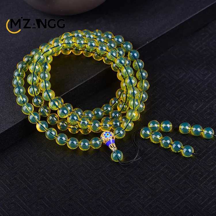 Natural pure water blue amber bracelet 108 Buddha beads beeswax amber round bead necklace luxurious mens and womens gift W240913
