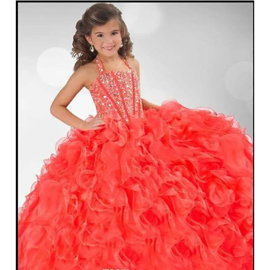 Halter Coral Pagent Grils Ball Gown Organza Crystal Beaded Little Dresses Sparkly Wer Girl's Dress Custom Made