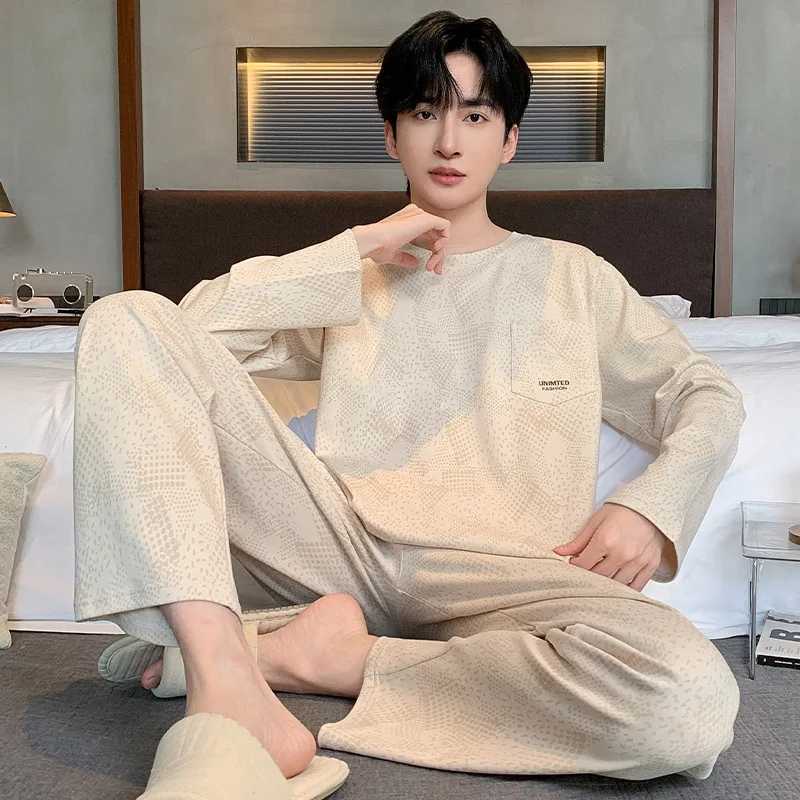 Mens Two-Piece Pajamas Autumn New Cotton Mens Pajamas Long-Sleeved Trouser Student Teenage Homewear Suit pijama hombre Y240913