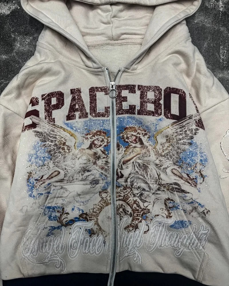 Street Installation American Retro Gothic Alphabet Picture Large Zipper Hoodie Mens Y2K Harajuku Hip Hop Gothic Casual Clown Coat 240930CJ